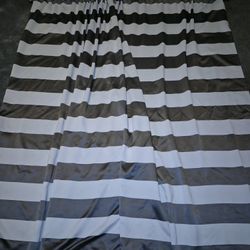 Dark Gray & White Striped Curtains And Rod