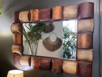 Large Boho Embossed Metal Mirror - Beveled Glass