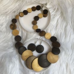 Boho big wood bead brown/beige necklace & earrings