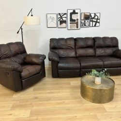 Dark Brown Manual Recliner Couch & Chair