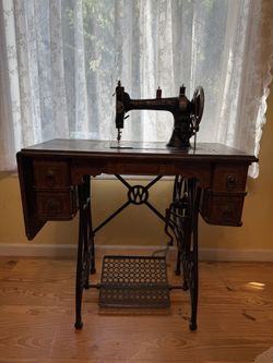 Vintage White Treadle Sewing Machine in Original Wood Cabinet