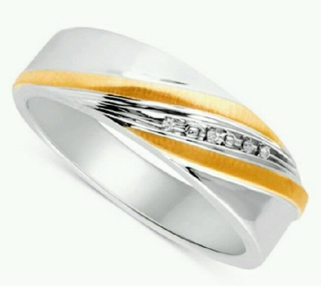 REAL DIAMONDS!!! SOLID STERLING SILVER MEN WEDDING RING WITH 14K GOLD OVER SIZE 9