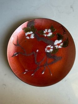 Vtg Mid Century Enamel On Copper Plate Cherry Blossom Floral Bovano Of Cheshire Bright Orange 3.5” diameter  Some crackling/crazing to the finish - bu