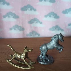 Brass Small Rocking Horse And A Pewter Rearing Stallion 