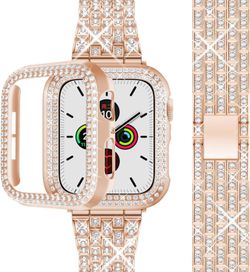 beuxece Bling Band Compatible Apple Watch with Case 38 40 42 41 45mm iWatch Series 3 4 5 6 7 8 9 SE, Metal Jewelry
