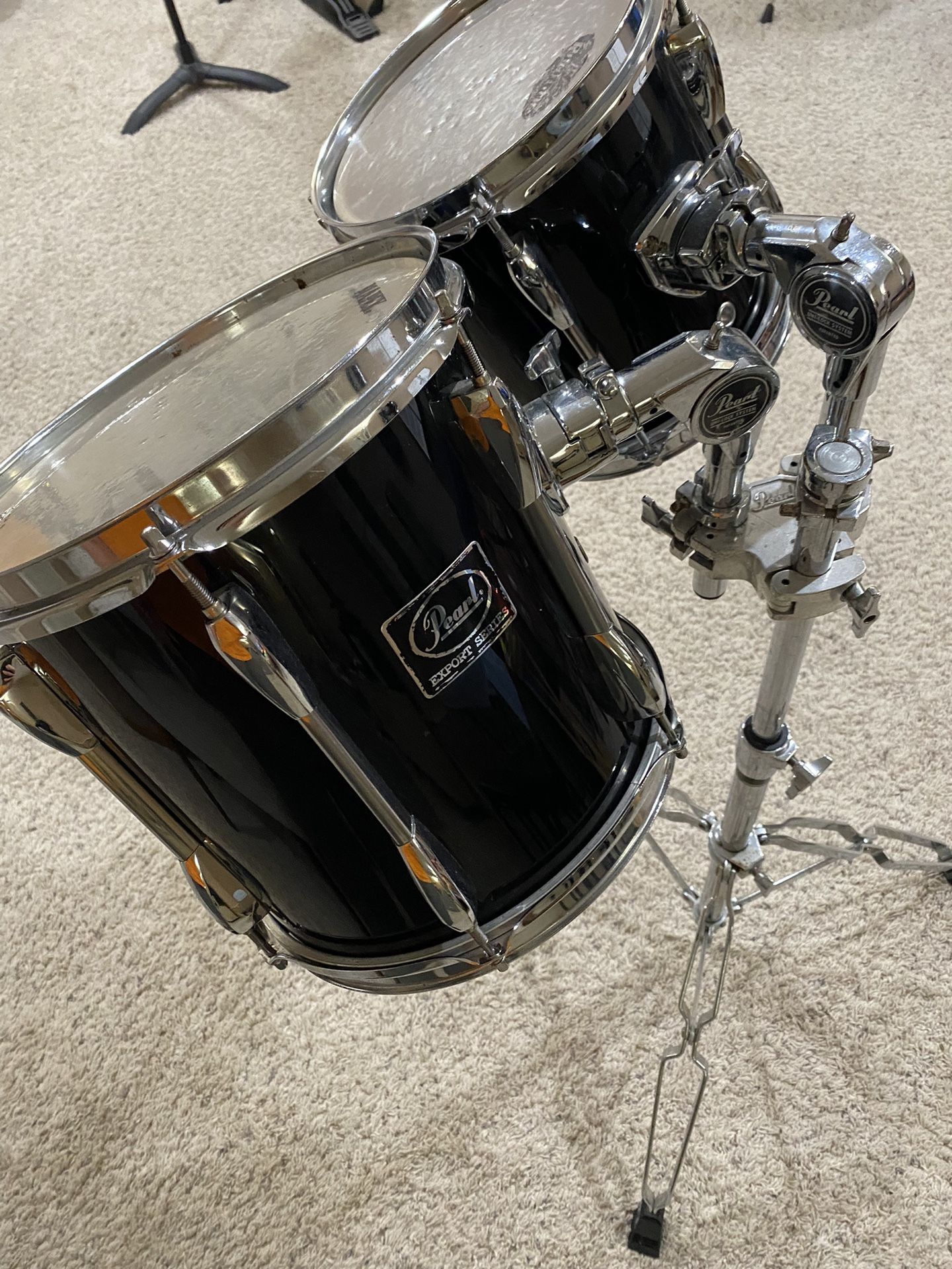 Pearl Export 8" & 10" Tom Black w/ Double Tom Holder, Clamp,and Pearl Uni-Lock Stand (1990’s)