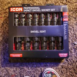 New In Box Icon Impact Swivel Socket Set 1/2 In Drive Standard 