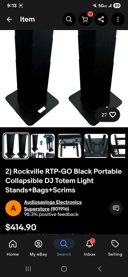 2) Rockville RTP-GO Black Portable Collapsible DJ Totem Light Stands+Bags+Scrims