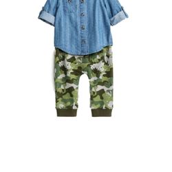 Cat and Jack infant boys 2pc Baby Outfit Blue Denim Shirt & Dino Camo Pant Set