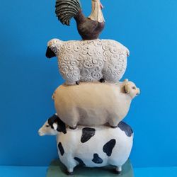 Vintage Stacked Farm Animals Outdoor Carved Wooden Garden Statue 10" Tall.