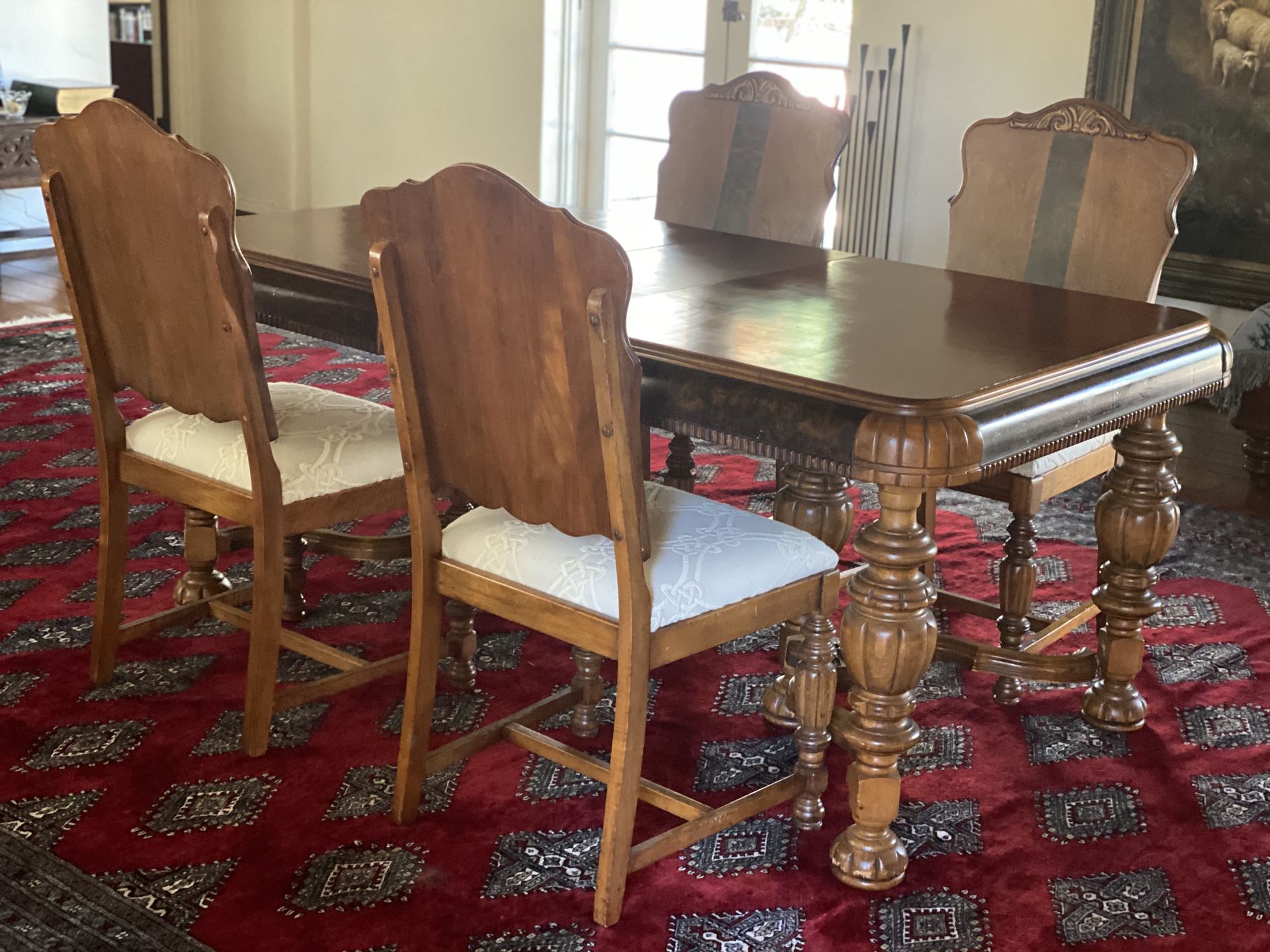 1920s Victorian Style, Walnut Dining Room Table & Chairs (5 Piece Set)