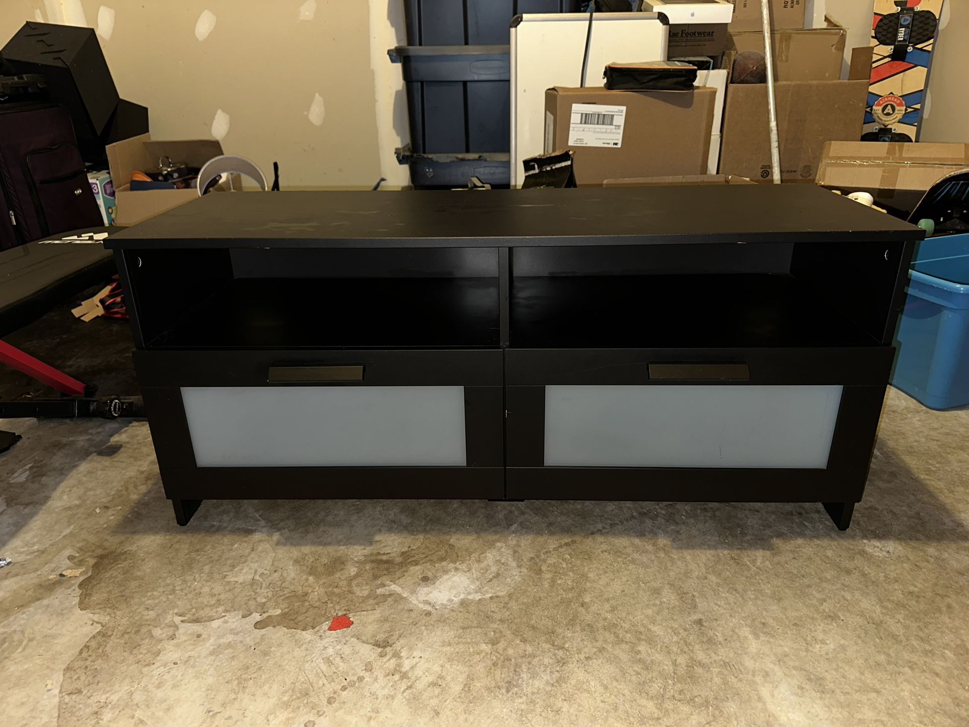 Black TV Console w/ 2 Drawers & Open Shelves - Good Conditon