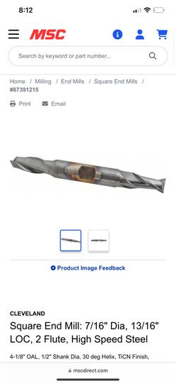 CLEVELAND Square End Mill: 7/16" Dia, 13/16" LOC, 2 Flute, High Speed Steel