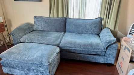 Blue chenille couch with Ottoman