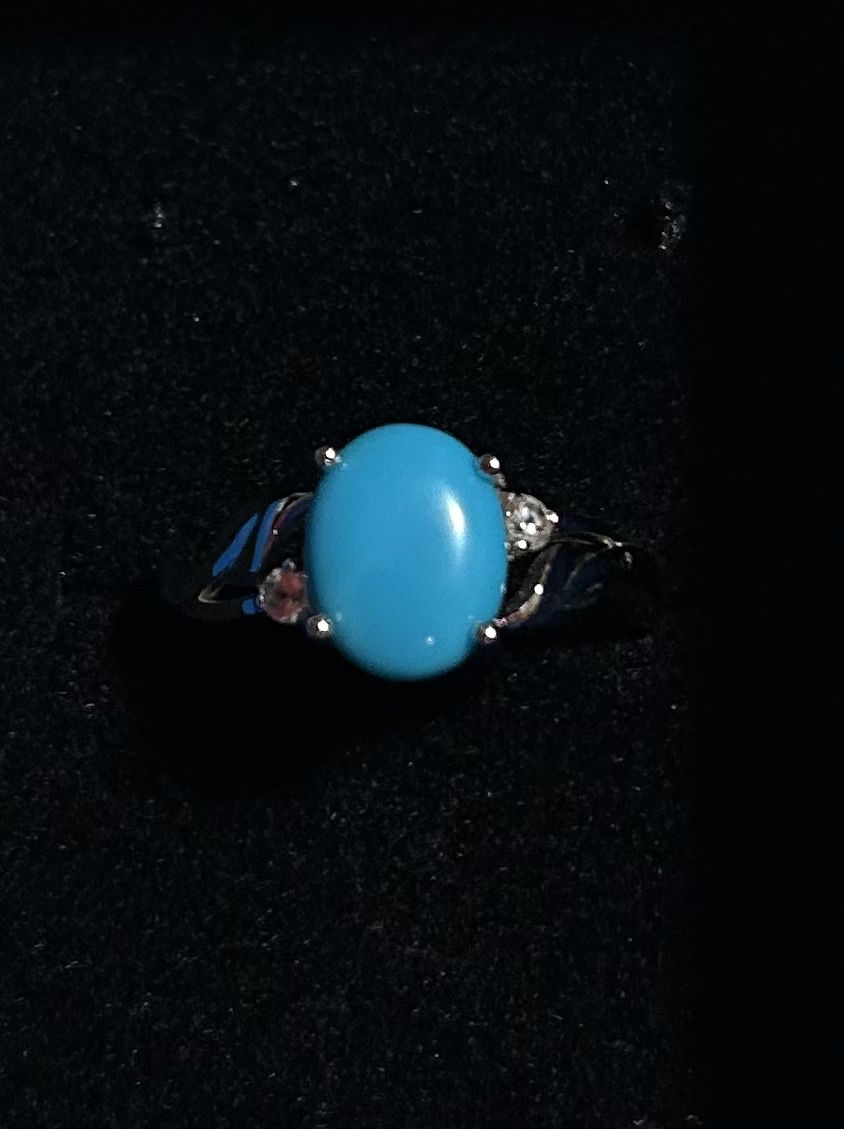 JTV Blue Sleeping Beauty Turquoise Rhodium Over Sterling Silver Ring