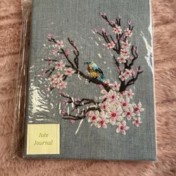  New Jute Journal with Embroidered Bird and Cherry Blossoms