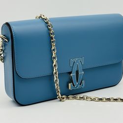 C DE CARTIER MINI CHAIN BAG BLUE CALFSKIN LEATHER RARE NEW 100% GENUINE ~$3500