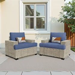 Pouuin Set of 2 Wicker Demin Blue Metal Frame Stationary Conversation Chair with Blue
