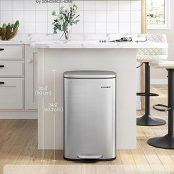 13 Gallon (50 L) Trash Can, Stainless Steel Kitchen Garbage Can, Recycling or Waste Bin, Soft Close, Step-On Pedal, Removable Inner Bucket, Silver ULT