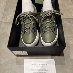 NEW IN BOX Kurt Geiger Size 5.5 Liviah Leather Sneakers Olive Green with Multicolor Eyelet Accents