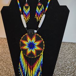 Black Fire Seed Beaded Star Medallion Necklace And Earrings Set 
