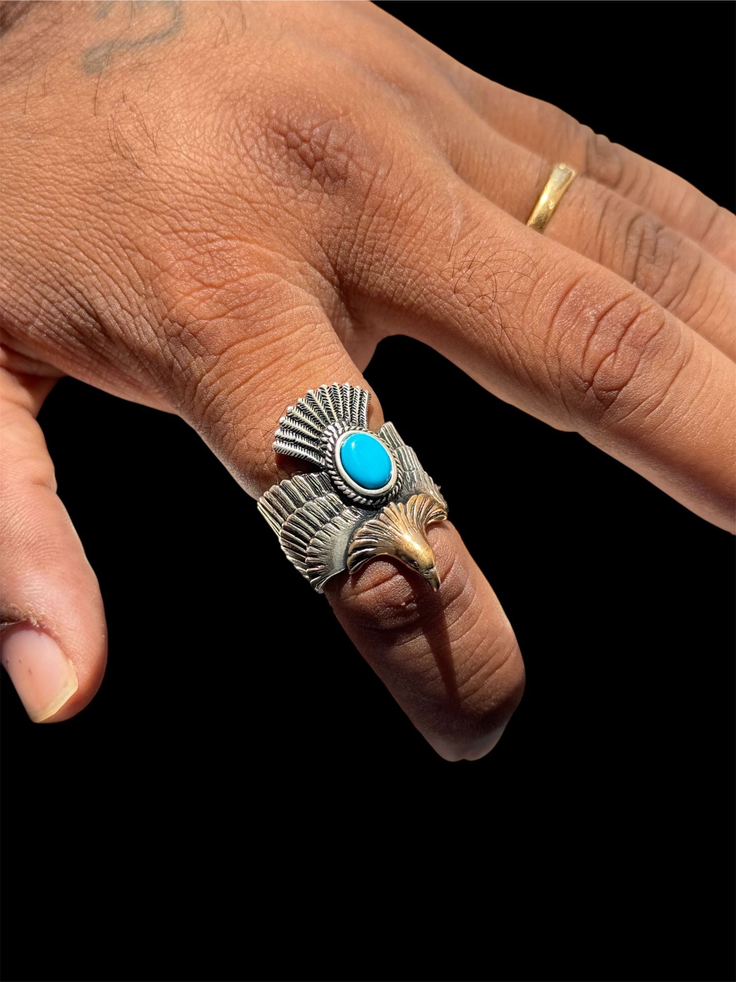 Adjustable 925 Sterling Silver Eagle Ring with Turquoise – 15.3g