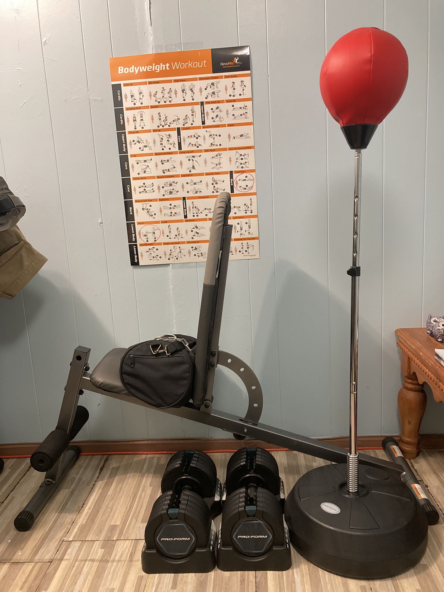 Gym Equipment (Bench + Weights + Punching bag + Small duffel bag + Lifting Belt)