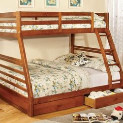 Brand New Oak Twin Over Full Bunk Bed w Trundle Drawers