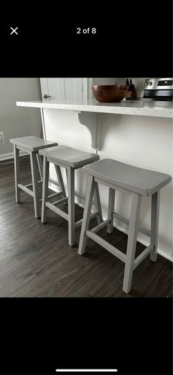 Set of 3 Saddle-Seat Bar Stools (Gray / Excellent Condition)