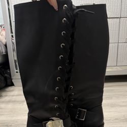 Platform boots + leather-style jacket