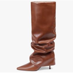 Brand New Womens Knee High Boots, Fold Over Shark Boots Stiletto Heels Slouchy Long Boot Pointed Toe Thigh High Dress Shoes Sexy Fashion Tall Boot for