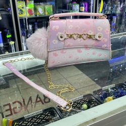 🌸 Kids Handbag with Gold Strap & Fluffy Charm – Pastel Shades