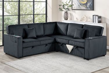 ☠️ Sectional Sofa Bed, USB Ports, Storage, Black, Corduroy Fabric, New in the Box.