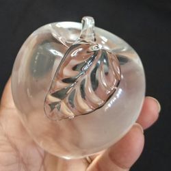Vintage Crystal Clear Solid Glass Apple Paperweight Figurine 3"Tall