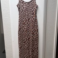 Brown Leopard-Print Mesh Maxi Slip Dress