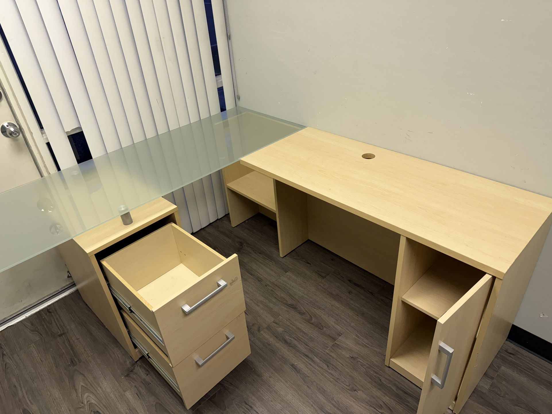 Brown Wood Glass Top L Desk