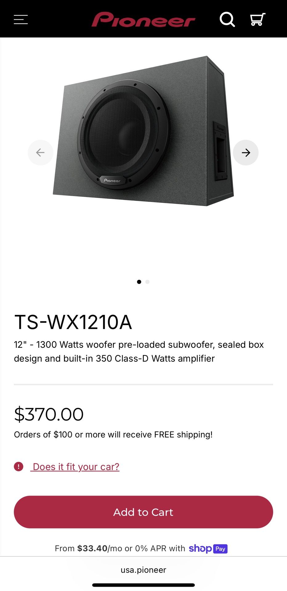 12 “ Pioneer Pre-loaded Subwoofer With Build In Amplifier 