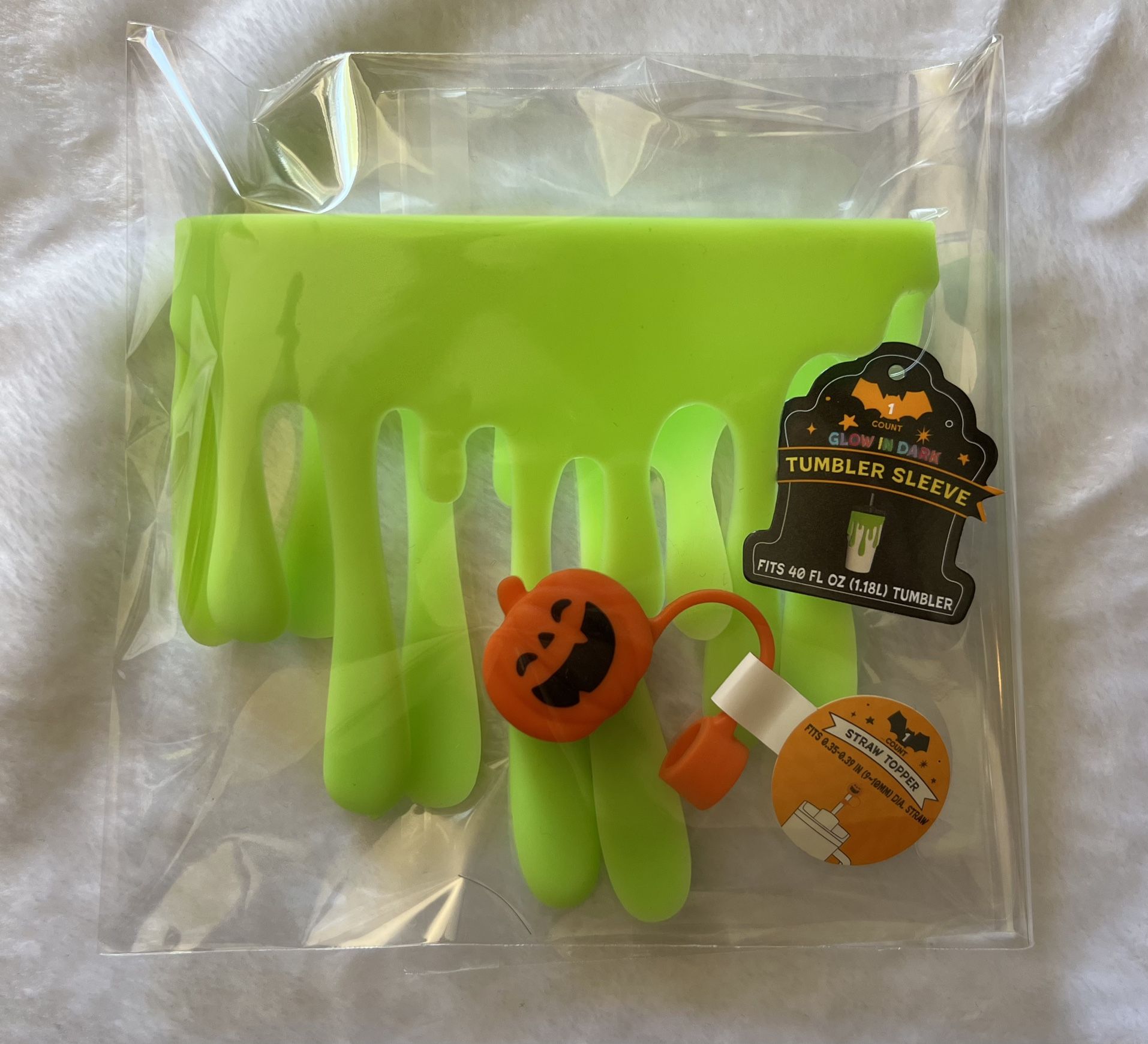 Glow In The Dark Slime Tumbler Sleeve W/ Pumpkin Straw Topper