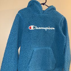 turquoise Champion fluffy sherpa fleece pullover hoodie featuring a kangaroo pocket and embroidered script logo on the front. 