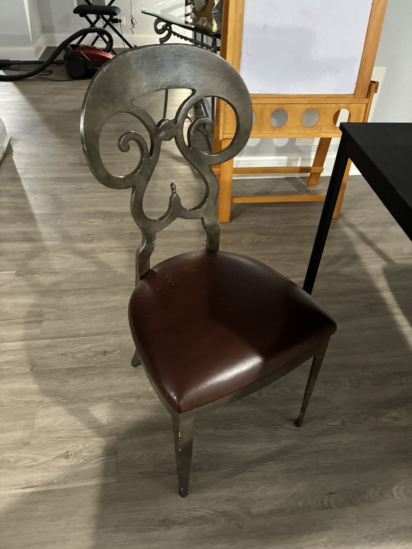 Ornate Metal Chair with Brown Leather Seat 