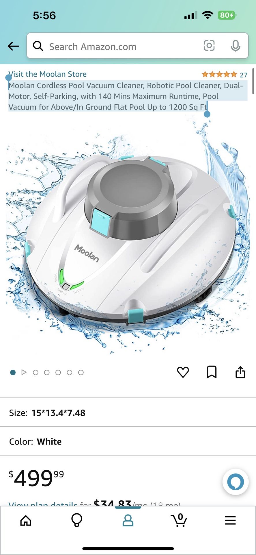 Moolan Cordless Pool Vacuum Cleaner, Robotic Pool Cleaner, Dual-Motor, Self-Parking, with 140 Mins Maximum Runtime, Pool Vacuum for Above/In Ground Fl