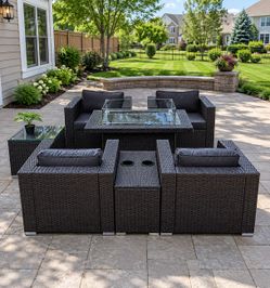 Outdoor 7-Piece Cupholder Conversation Set + 50k BTU Firepit