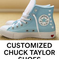 💙 Custom Converse Chuck Taylor All Star – Light Blue with Hearts & Checkerboard (W8 / M6)