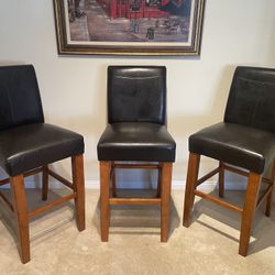 Three Leather/Wooden Bar Stools