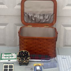 Vintage Weaved Sewing Basket With Padded Lid, Handle No Insert Lots Of Accessories.  Used in good condition with minor cosmetic blemishes. These blemi