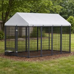 Brand New In Box Large Heavy Duty Covered Dog Kennels With Roof Top Tarp, Swivel Feed Door & Bowls 8'x6x4 Dog Cage Reinforced Iron Dog Corral New!