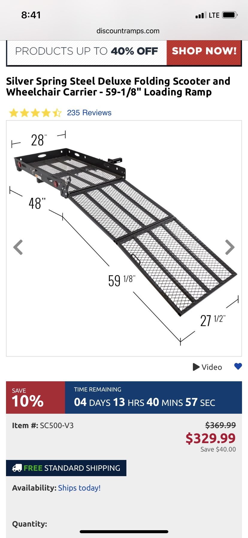 Steel Deluxe Folding Scooter and Wheelchair Carrier - 59-1/8" Loading Ramp