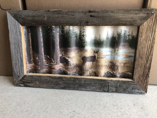 Western Deer Cabin Decor Tin Siding Wooden Wood Framed Picture