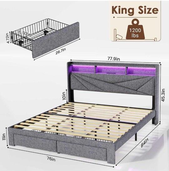 Limited Time Price!! KING Size LED Bed Frame 2 Storage Drawers, Headboard Storage, Charging Station