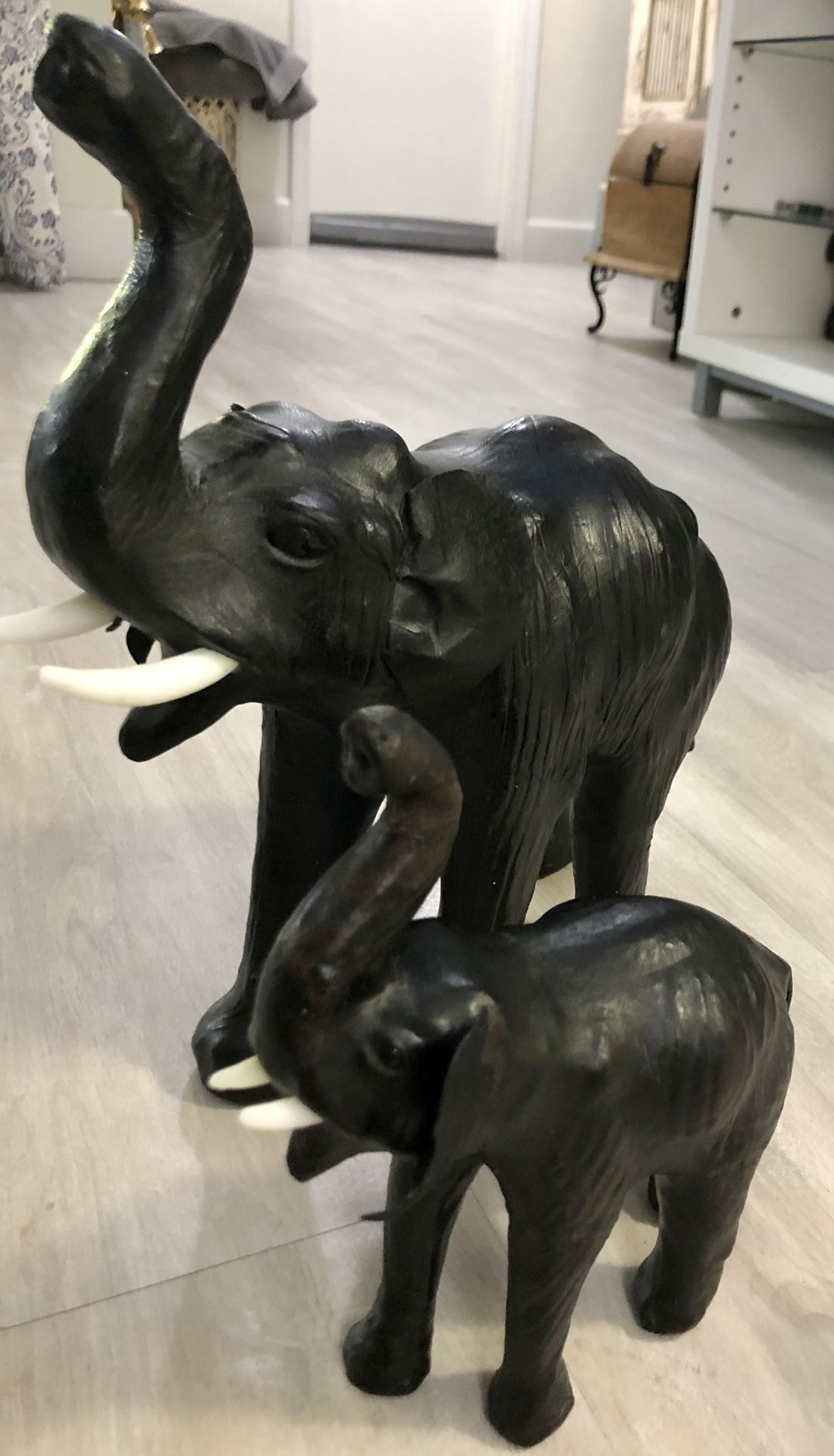 1950’s Leather Elephants Set of 2 Trunks Up Vintage Leather Covered Sculptures 8" and 13"